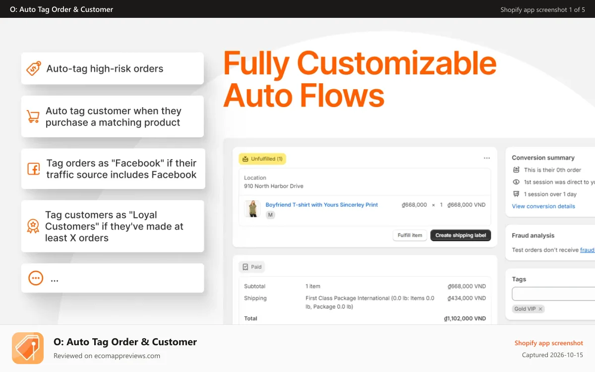 O: Auto Tag Order & Customer Shopify app screenshot: Omega Auto Tag, order tagger, customer tagger, product tagger