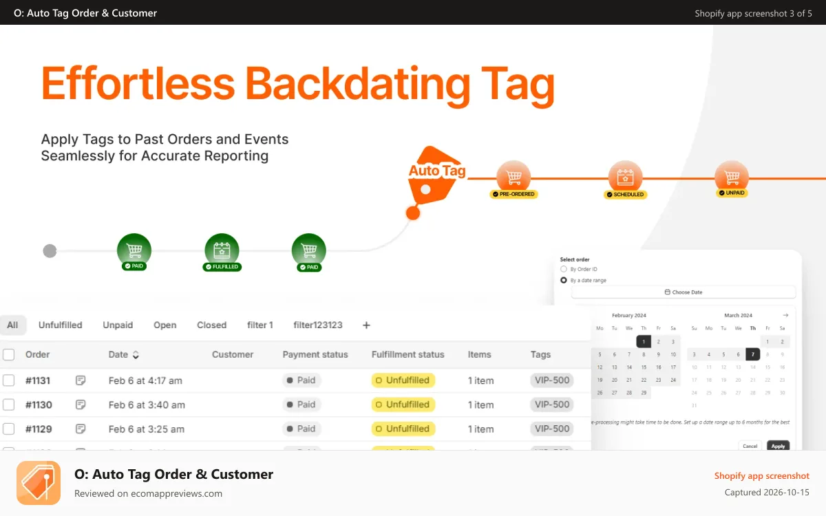 O: Auto Tag Order & Customer Shopify app screenshot: Auto add tag real-time, auto workflow, flow automation