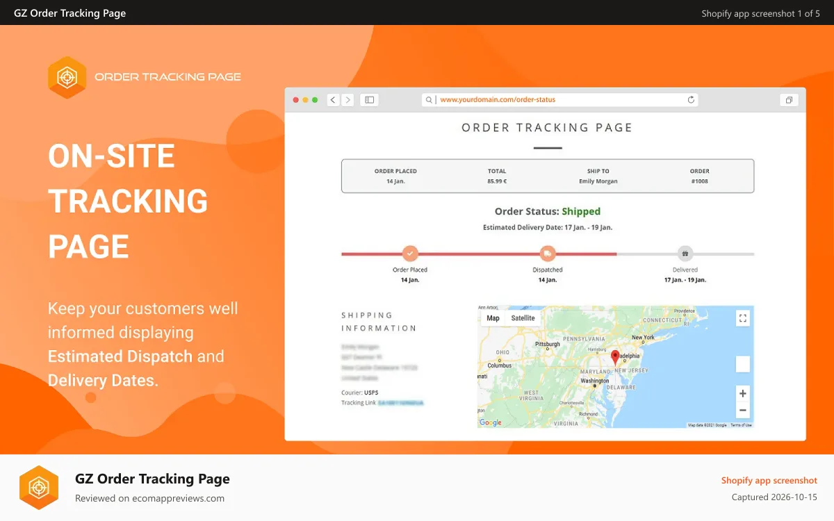 GZ Order Tracking Page Shopify app screenshot: On Site Order Tracking Page
