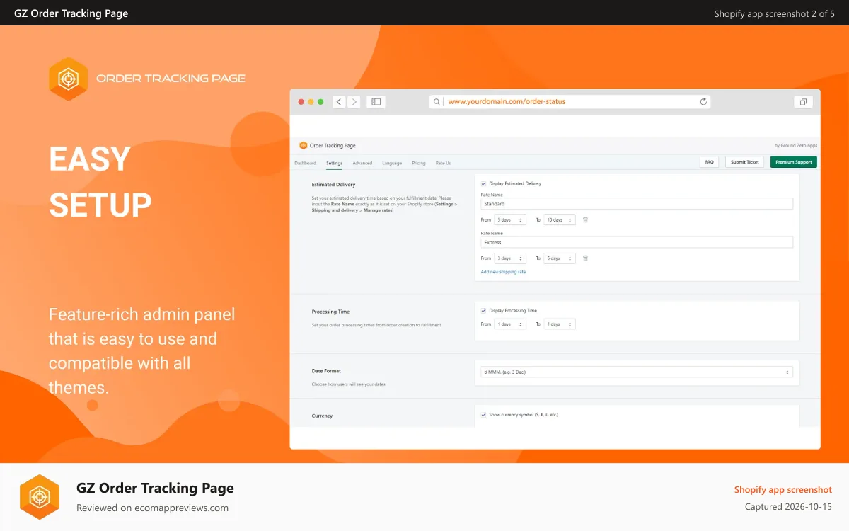 GZ Order Tracking Page Shopify app screenshot: Easy Setup Page