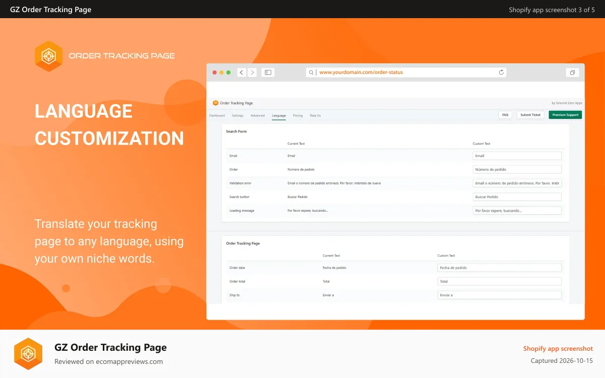 GZ Order Tracking Page Shopify app screenshot: Language Customization