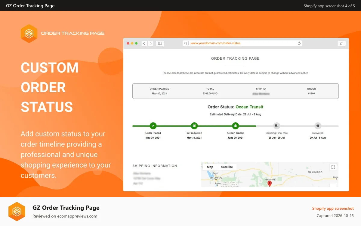 GZ Order Tracking Page Shopify app screenshot: Custom Order Status