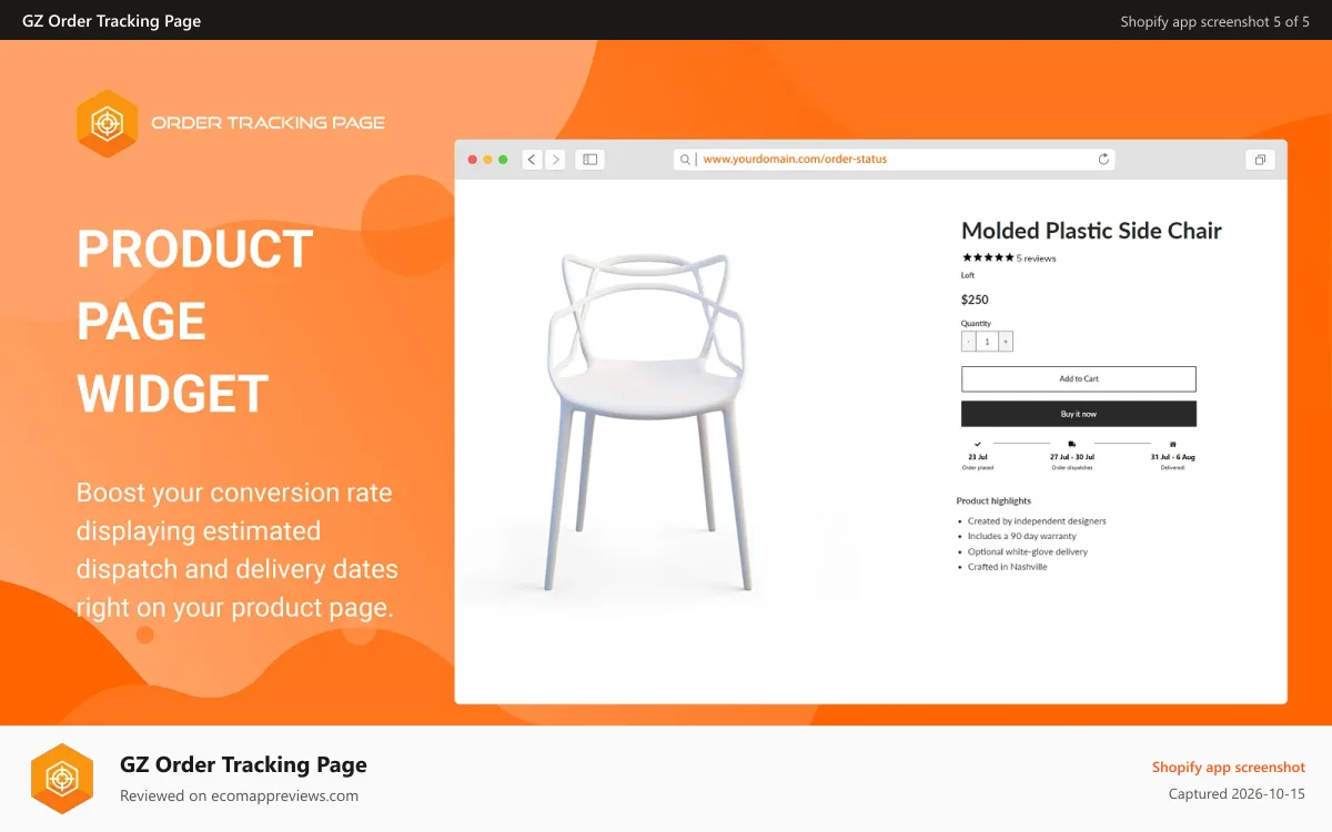 GZ Order Tracking Page Shopify app screenshot: Product Page Widget