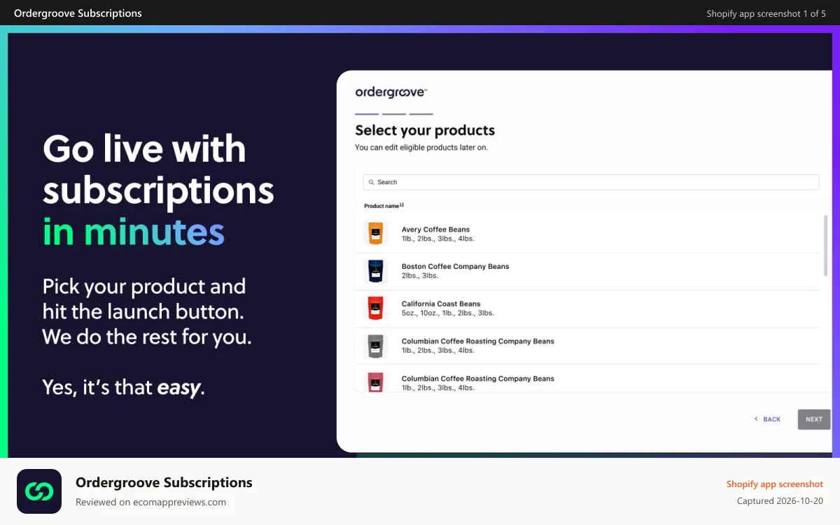 Ordergroove Subscriptions Shopify app screenshot: Subscription Onboarding Flow