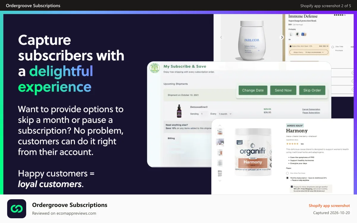 Ordergroove Subscriptions Shopify app screenshot: Subscription Management Interface - Customer Portal