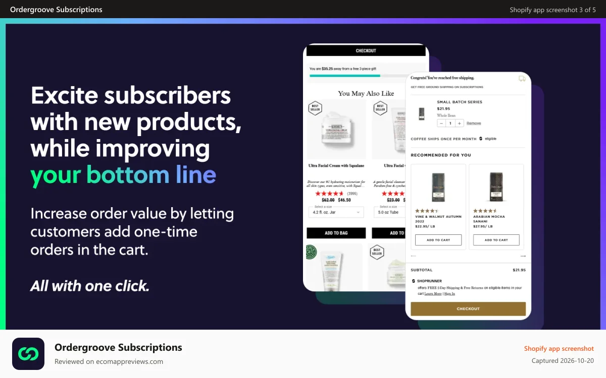 Ordergroove Subscriptions Shopify app screenshot: Instant Upsell Subscriptions