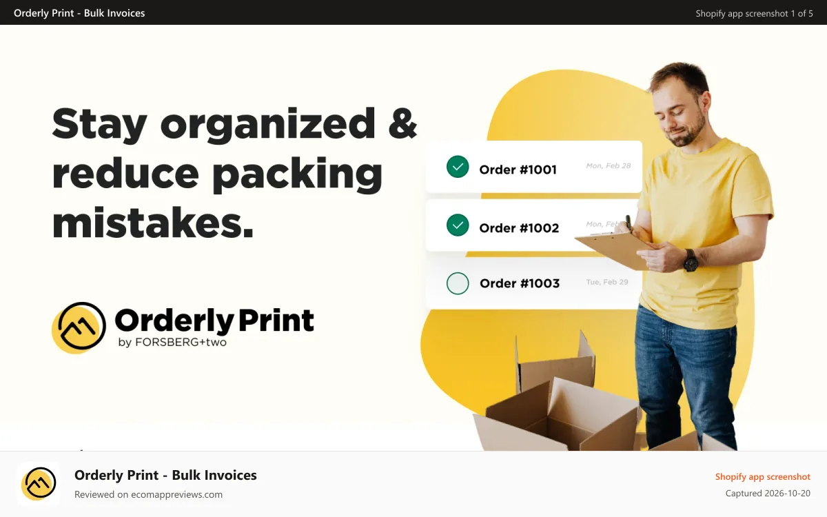 Orderly Print ‑ Bulk Invoices Shopify app screenshot: Orderly Print – Order Printer to pick, pack & invoice faster
