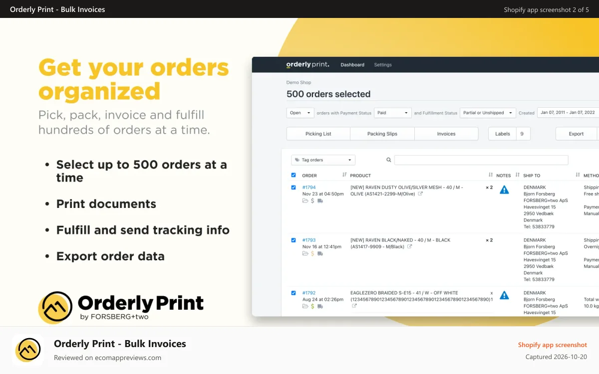 Orderly Print ‑ Bulk Invoices Shopify app screenshot: Organized: Pick, pack, invoice & fulfill 100s of orders at once