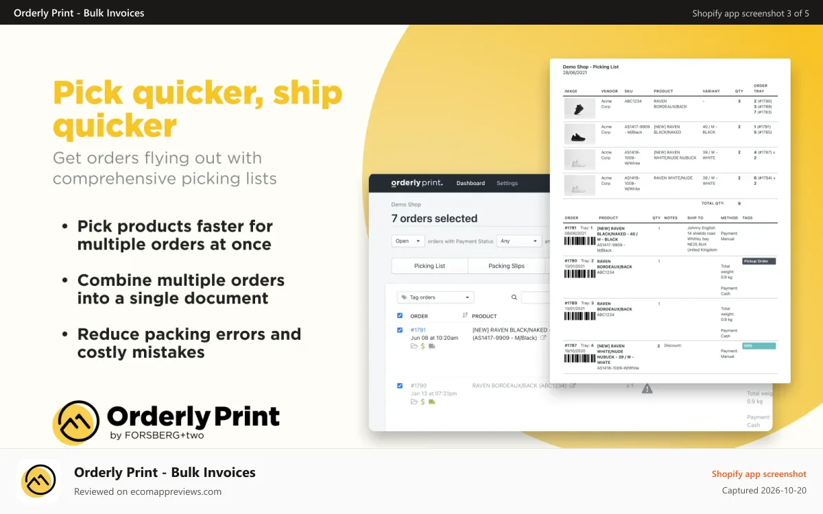 Orderly Print ‑ Bulk Invoices Shopify app screenshot: Get orders flying out with comprehensive picking lists
