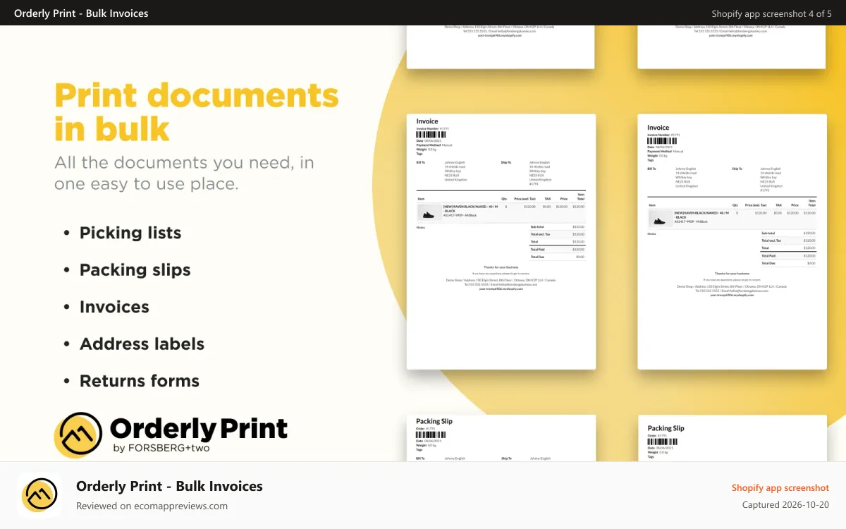 Orderly Print ‑ Bulk Invoices Shopify app screenshot: All the order printer documents you need in once place