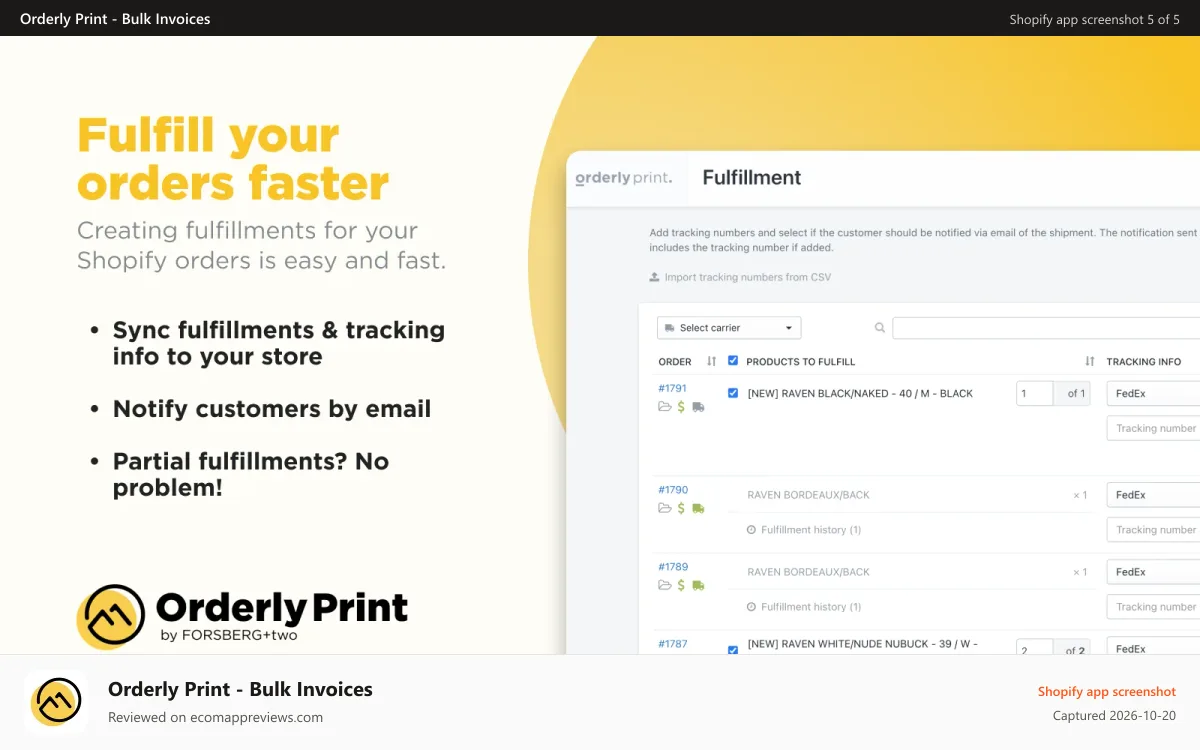Orderly Print ‑ Bulk Invoices Shopify app screenshot: Creating fulfillments for your orders is easy and fast