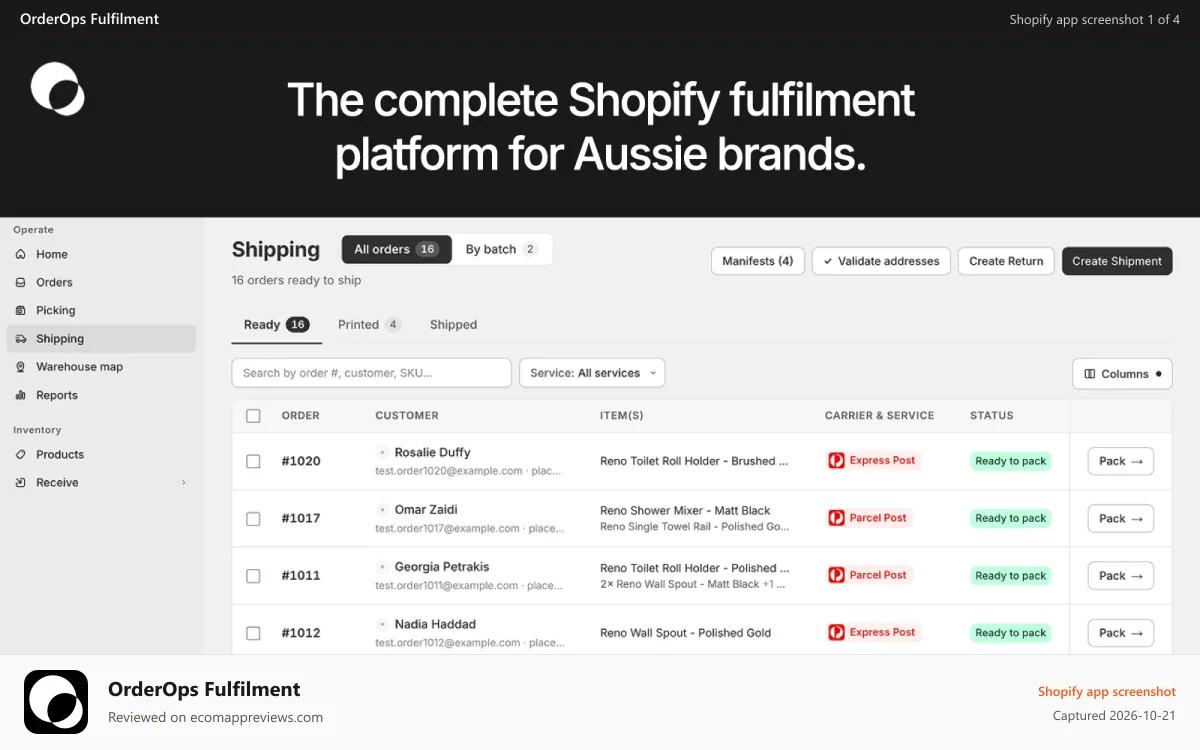 OrderOps Fulfilment Shopify app screenshot: Simple Fufilment for Aussie retailers