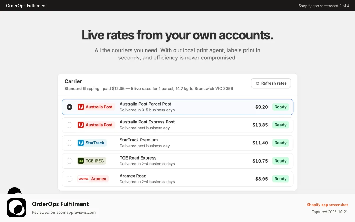 OrderOps Fulfilment Shopify app screenshot: Live rates from your own accounts
