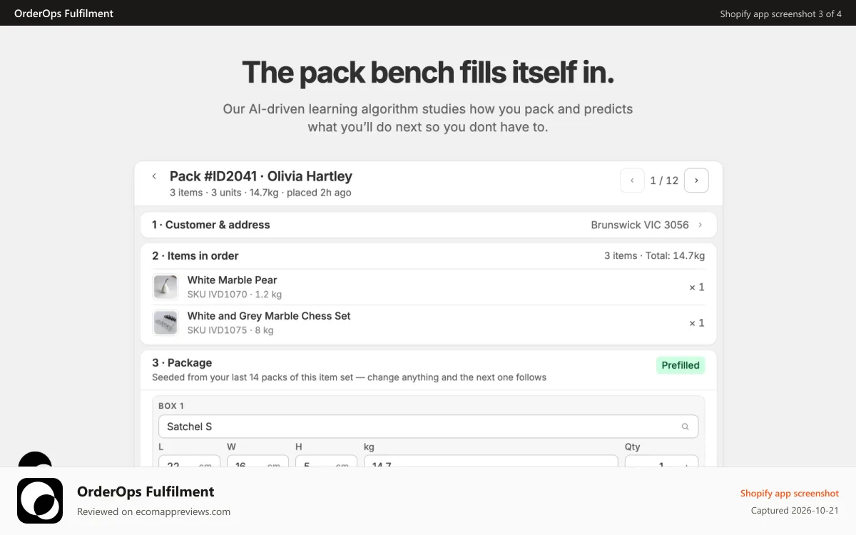 OrderOps Fulfilment Shopify app screenshot: A packing system that learns and improves itself
