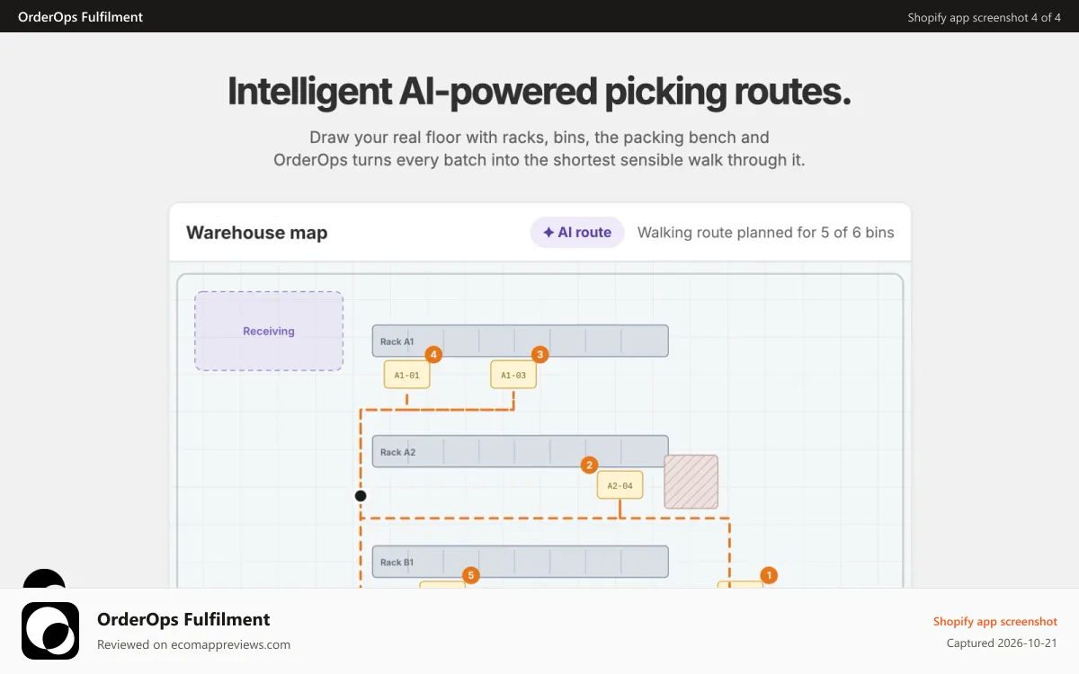 OrderOps Fulfilment Shopify app screenshot: Optimise your picking routes with AI