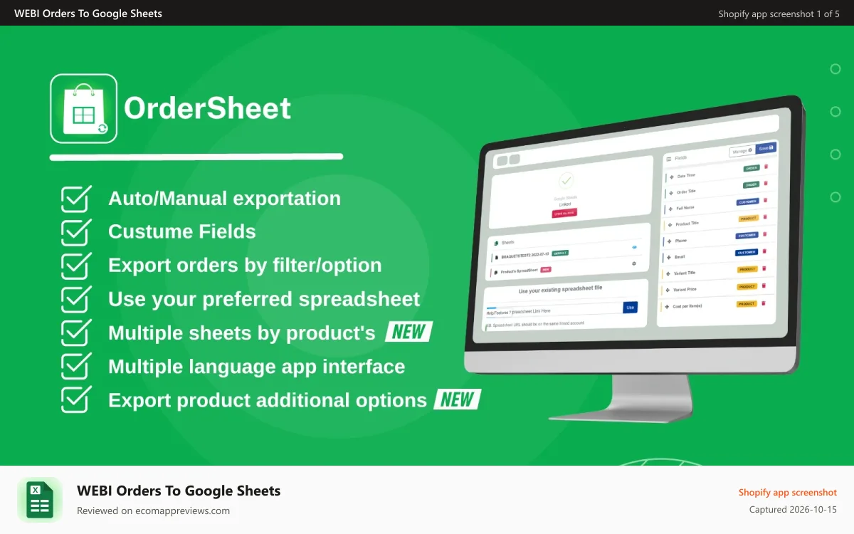 WEBI Orders To Google Sheets Shopify app screenshot: Google sheet