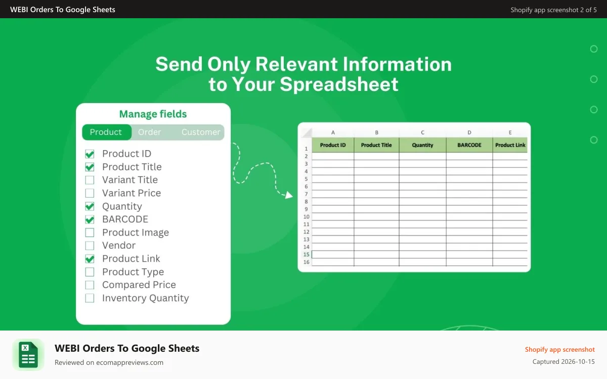 WEBI Orders To Google Sheets Shopify app screenshot: Drag & Drop