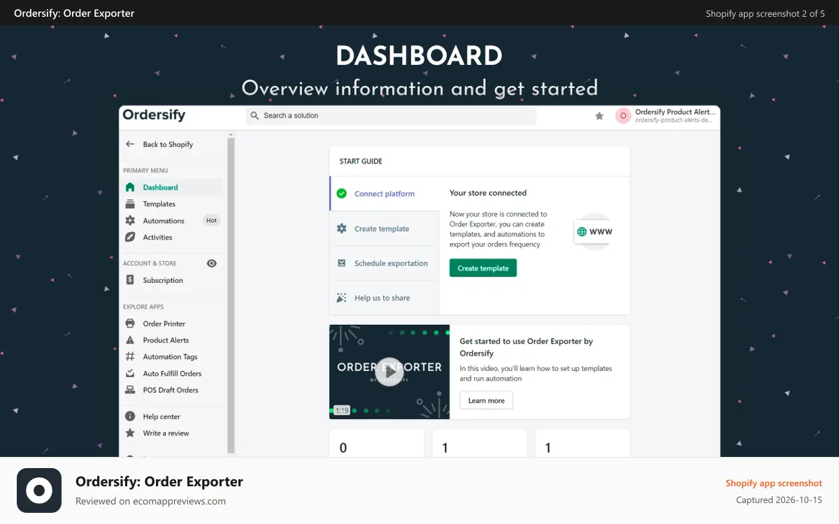 Ordersify: Order Exporter Shopify app screenshot: Dashboard