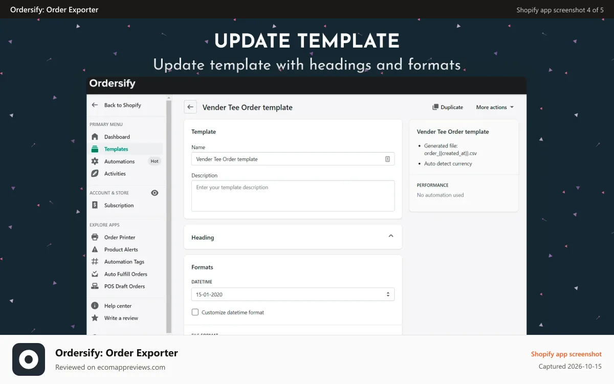 Ordersify: Order Exporter Shopify app screenshot: Update template