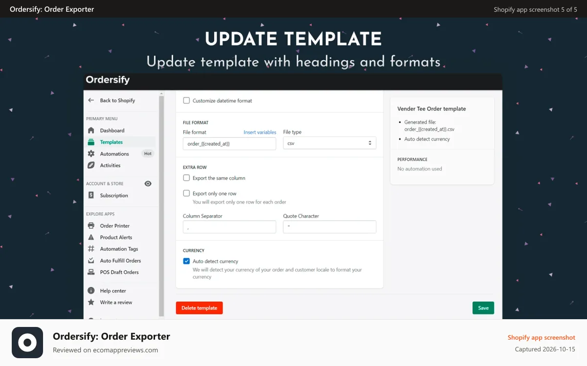 Ordersify: Order Exporter Shopify app screenshot: Update template