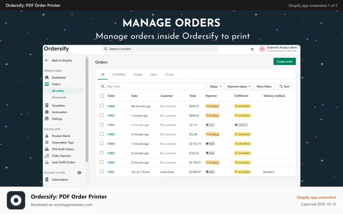 Ordersify: PDF Order Printer Shopify app screenshot: Manage orders inside Ordersify to print