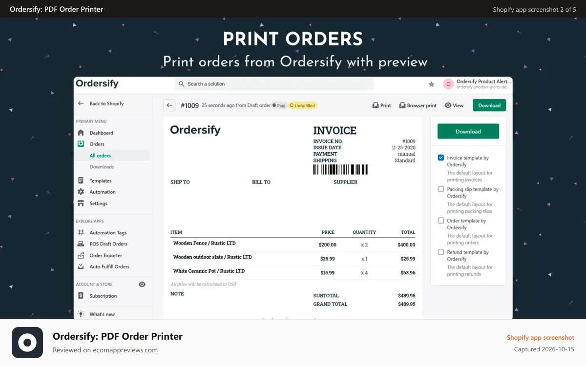 Ordersify: PDF Order Printer Shopify app screenshot: Print orders from Ordersify with preview