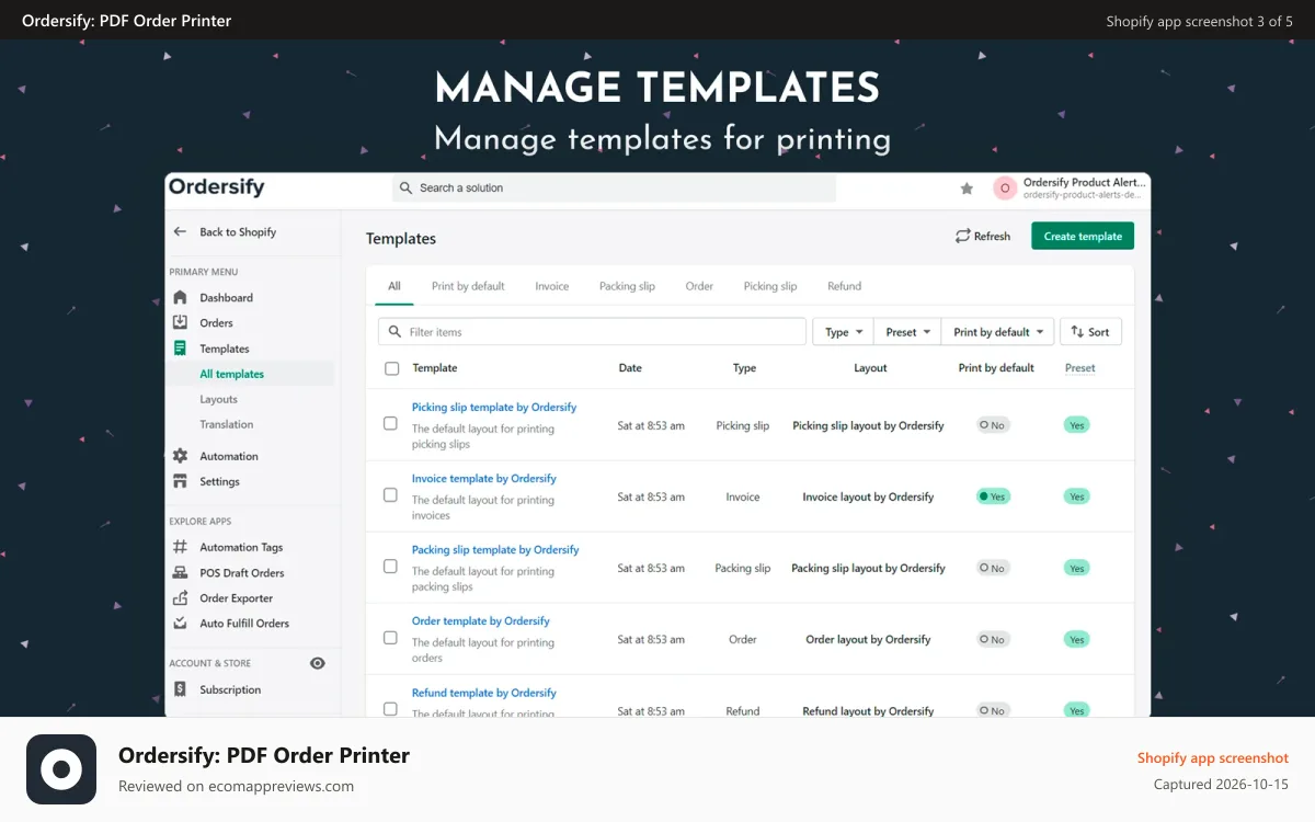 Ordersify: PDF Order Printer Shopify app screenshot: Manage templates for printing