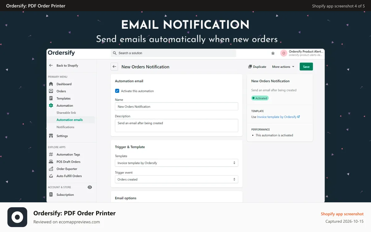 Ordersify: PDF Order Printer Shopify app screenshot: Send email notifications when new orders