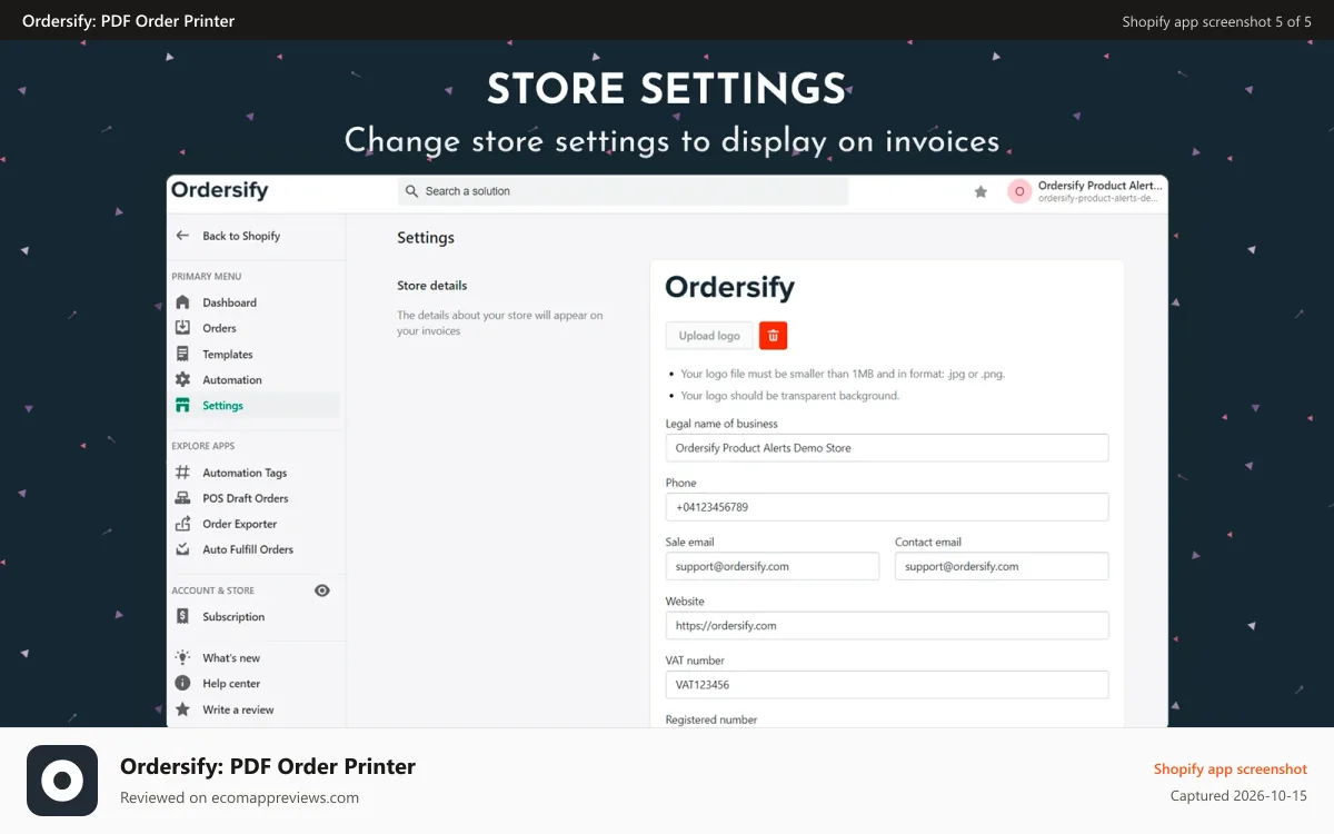Ordersify: PDF Order Printer Shopify app screenshot: Change store settings to display on invoices