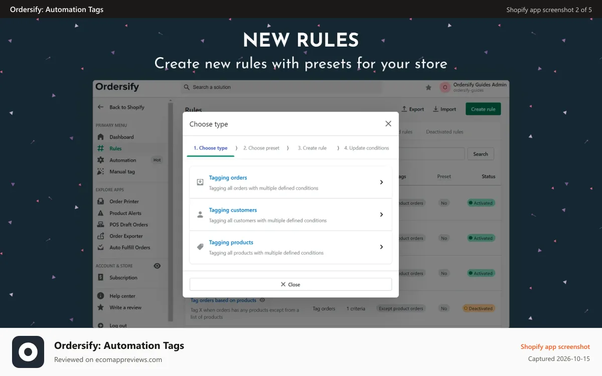Ordersify: Automation Tags Shopify app screenshot: New rules