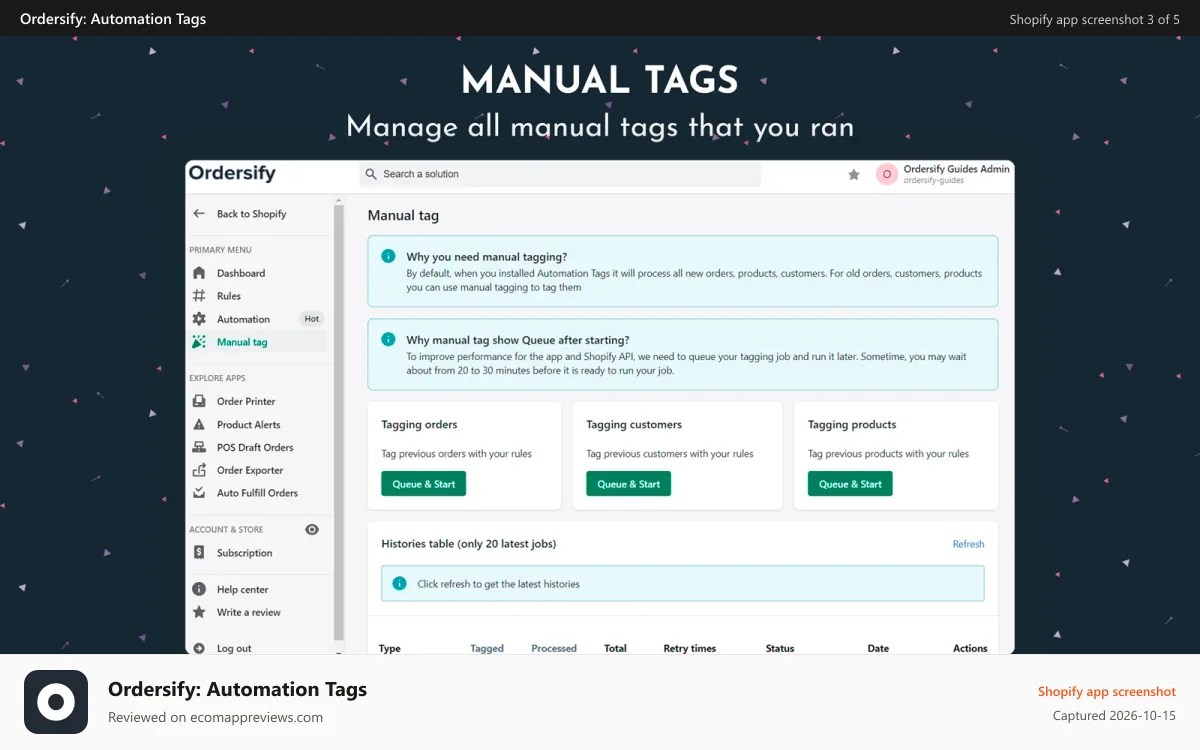 Ordersify: Automation Tags Shopify app screenshot: Manual tags