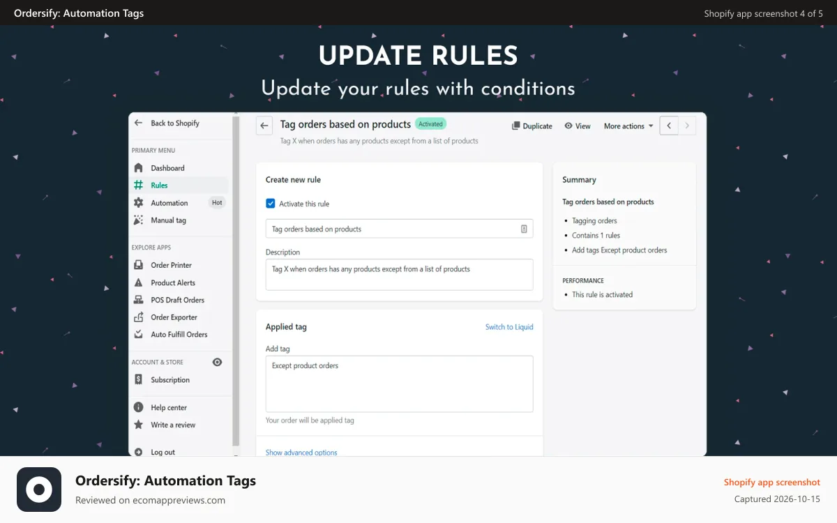 Ordersify: Automation Tags Shopify app screenshot: Update rules
