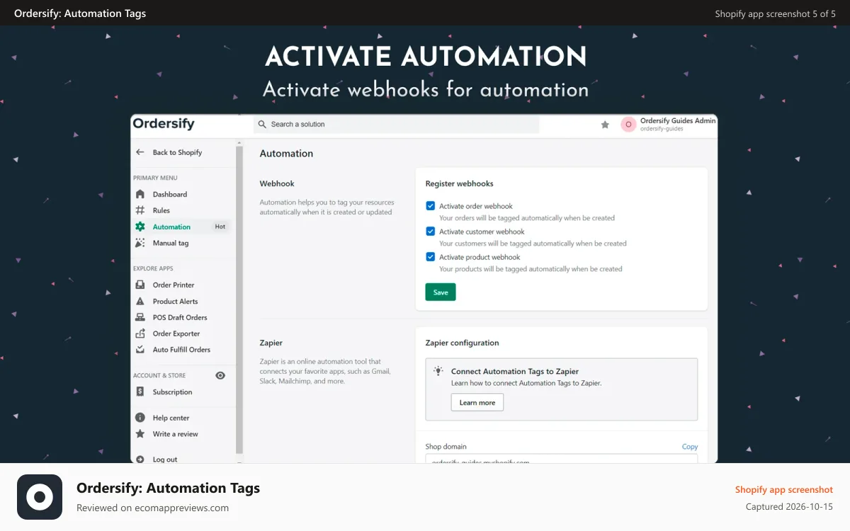 Ordersify: Automation Tags Shopify app screenshot: Activate automation