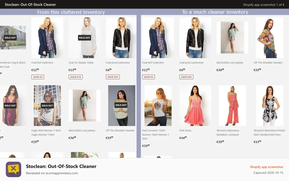 Stoclean: Out‑Of‑Stock Cleaner Shopify app screenshot: sold out cleaned