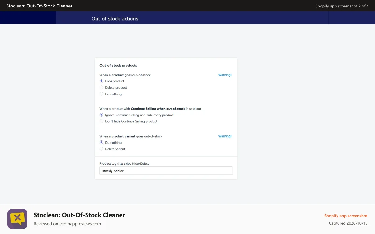 Stoclean: Out‑Of‑Stock Cleaner Shopify app screenshot: Out of stock actions