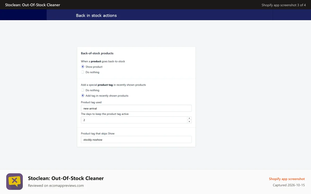 Stoclean: Out‑Of‑Stock Cleaner Shopify app screenshot: Back in stock actions