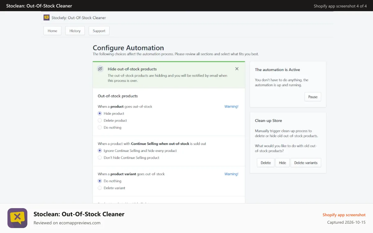Stoclean: Out‑Of‑Stock Cleaner Shopify app screenshot: product cleaner hidding