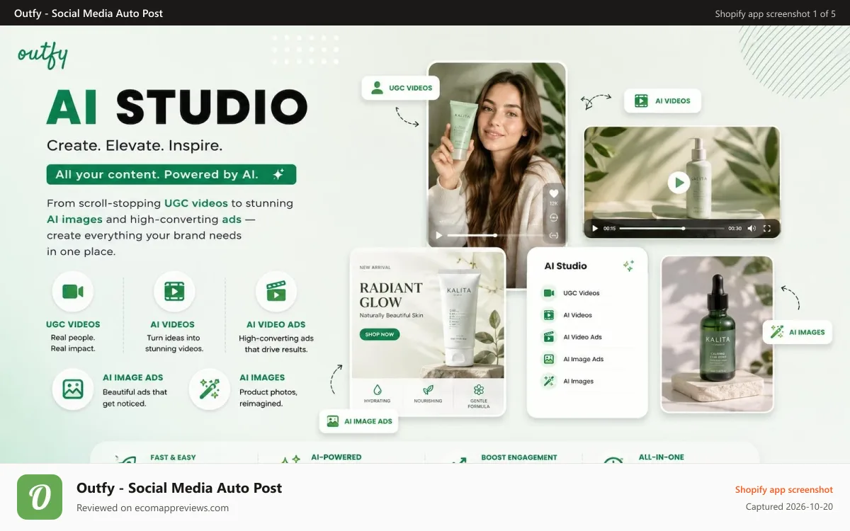 Outfy ‑ Social Media Auto Post Shopify app screenshot: Content powered by AI