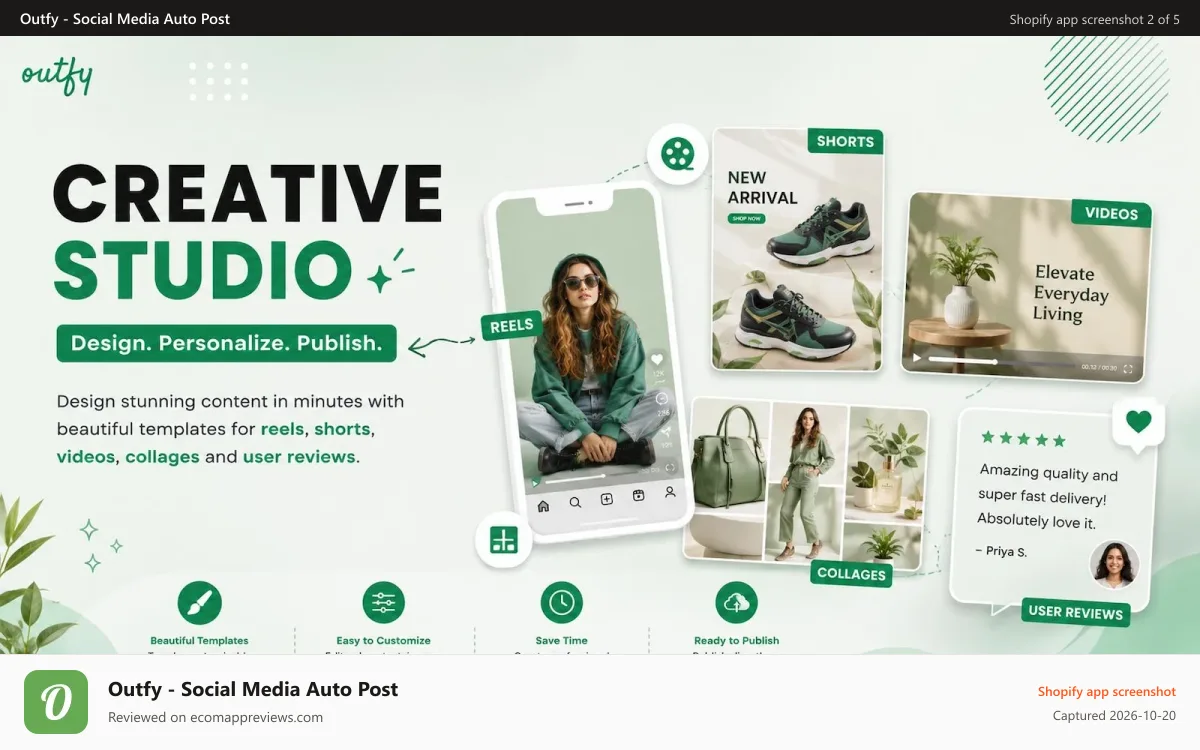 Outfy ‑ Social Media Auto Post Shopify app screenshot: Stunning content in minutes