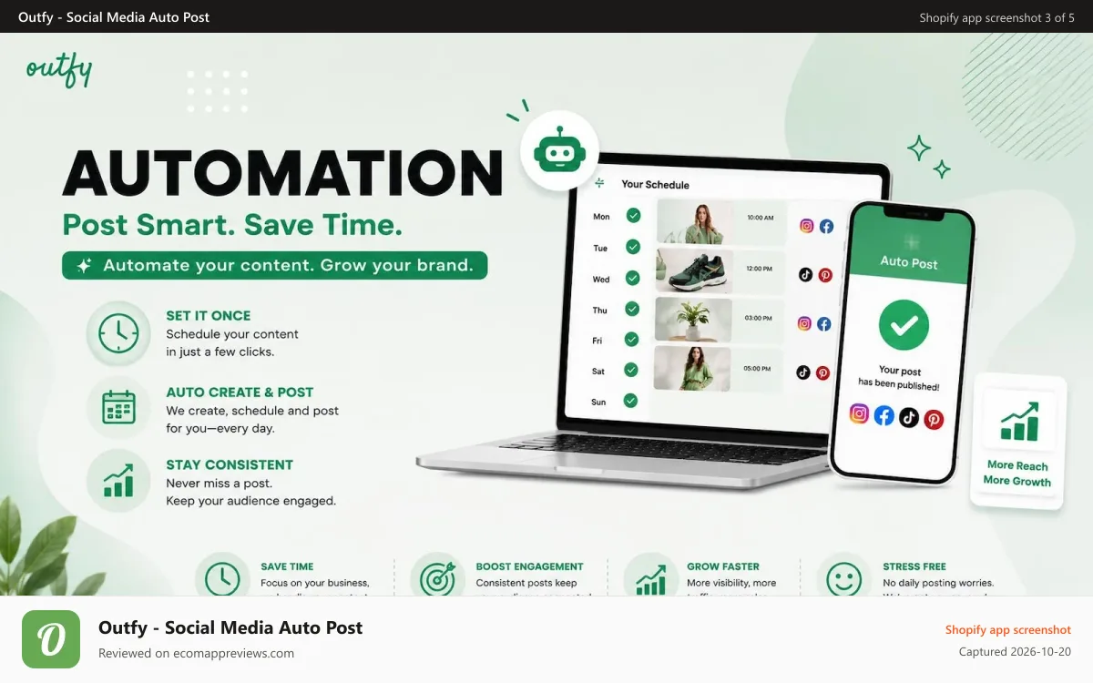 Outfy ‑ Social Media Auto Post Shopify app screenshot: Automate your content, grow your brand