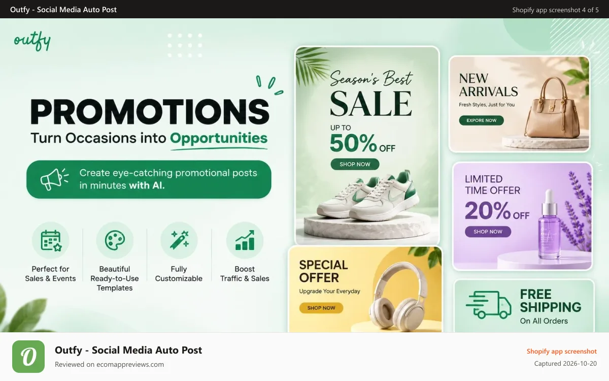 Outfy ‑ Social Media Auto Post Shopify app screenshot: Eye catching promotional content in seconds
