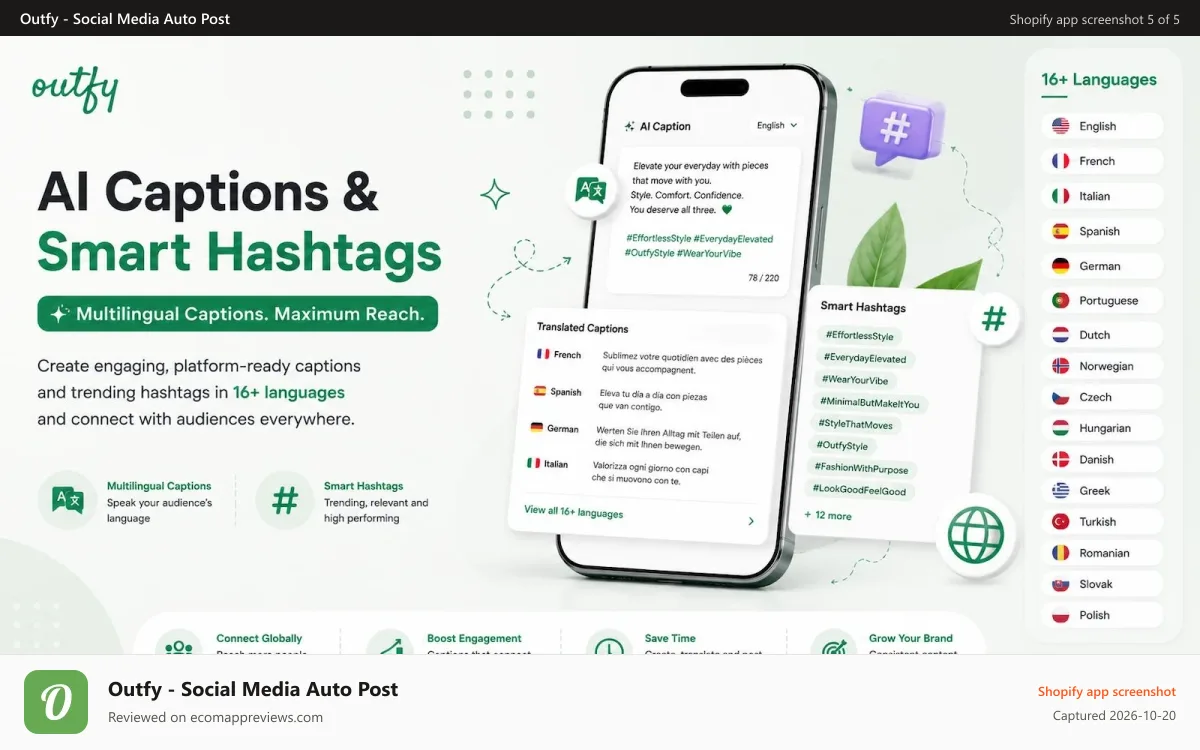 Outfy ‑ Social Media Auto Post Shopify app screenshot: Multilingual AI captions and trending hashtags