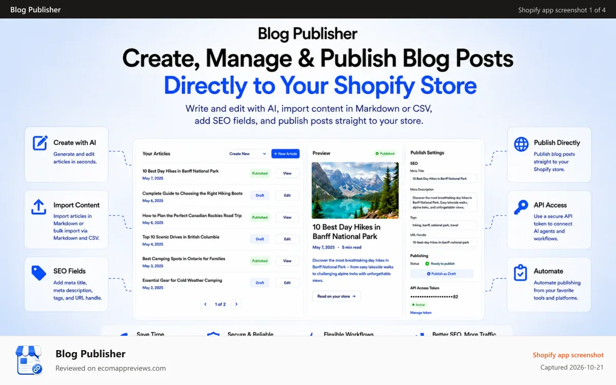 Blog Publisher Shopify app screenshot: Publish Blog Posts Straight to your Store