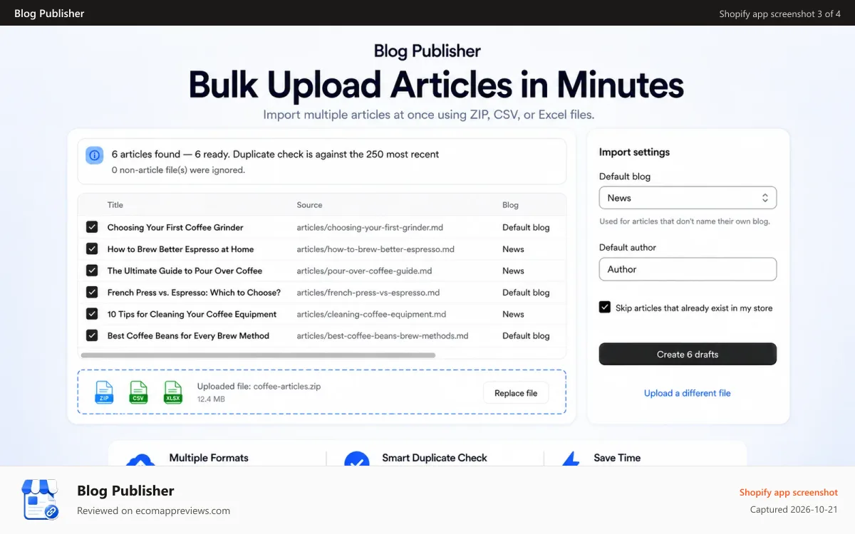 Blog Publisher Shopify app screenshot: Bulk upload articles in minutes