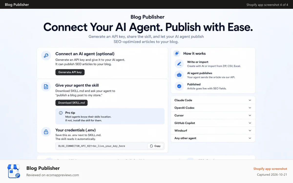 Blog Publisher Shopify app screenshot: Setup for connecting AI agents to your blog