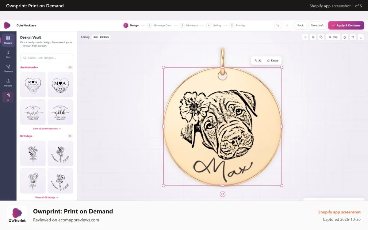Ownprint: Print on Demand Shopify app screenshot: Print-on-demand design editor: engrave pet portraits and names