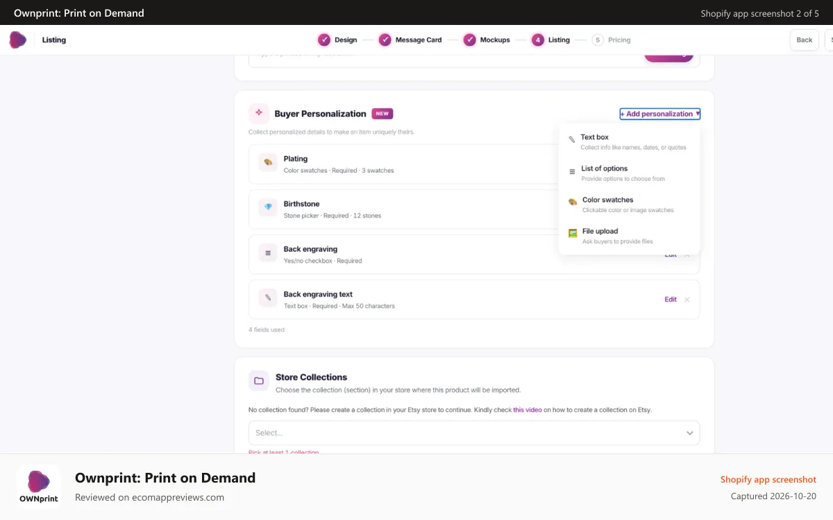 Ownprint: Print on Demand Shopify app screenshot: Buyer personalization: text fields, photo upload, birthstones