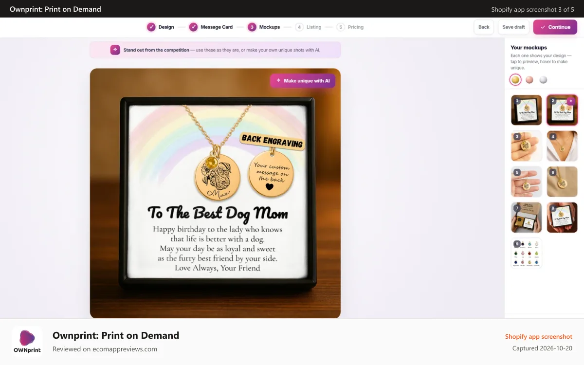 Ownprint: Print on Demand Shopify app screenshot: Ready-made product mockups and message cards, made unique by AI