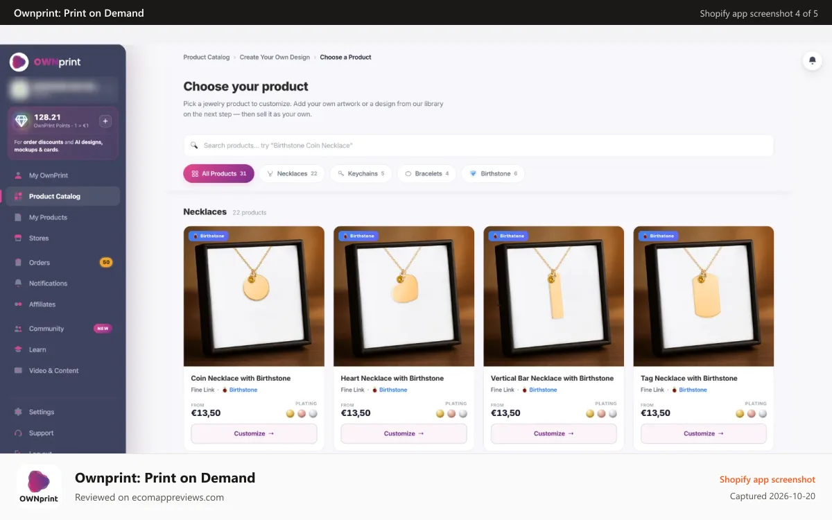 Ownprint: Print on Demand Shopify app screenshot: Print-on-demand jewelry catalog: necklaces, bracelets, keychains