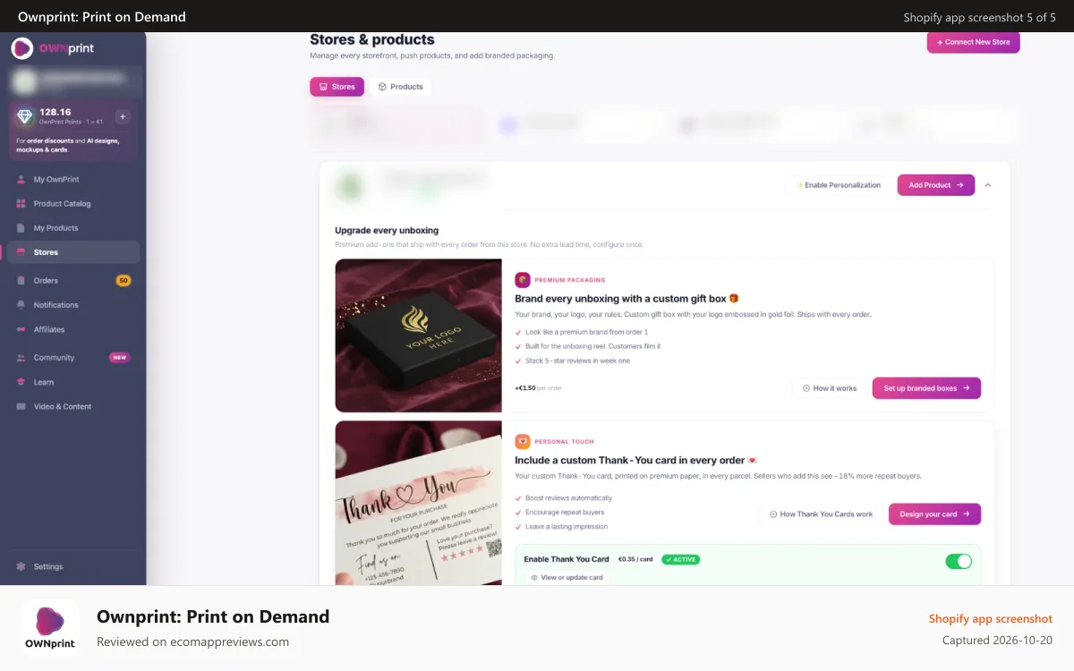 Ownprint: Print on Demand Shopify app screenshot: Branded gift boxes and thank-you cards ship with every order